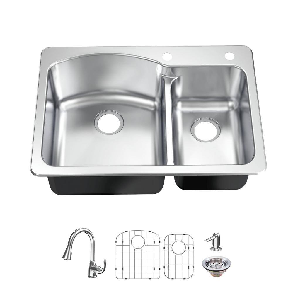 Glacier Bay All in-One 33 in. Drop-inUndermount Double Bowl 18 Gauge Stainless Steel 2-Hole Kitchen Sink with Pull-Down Faucet VT3322TA2PA1