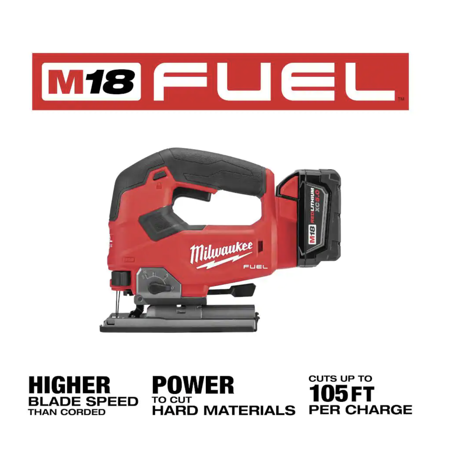 Milwaukee M18 FUEL 18-Volt Lithium-Ion Brushless Cordless Jig Saw Kit with 5.0Ah Battery， Charger and Case (2737-21)