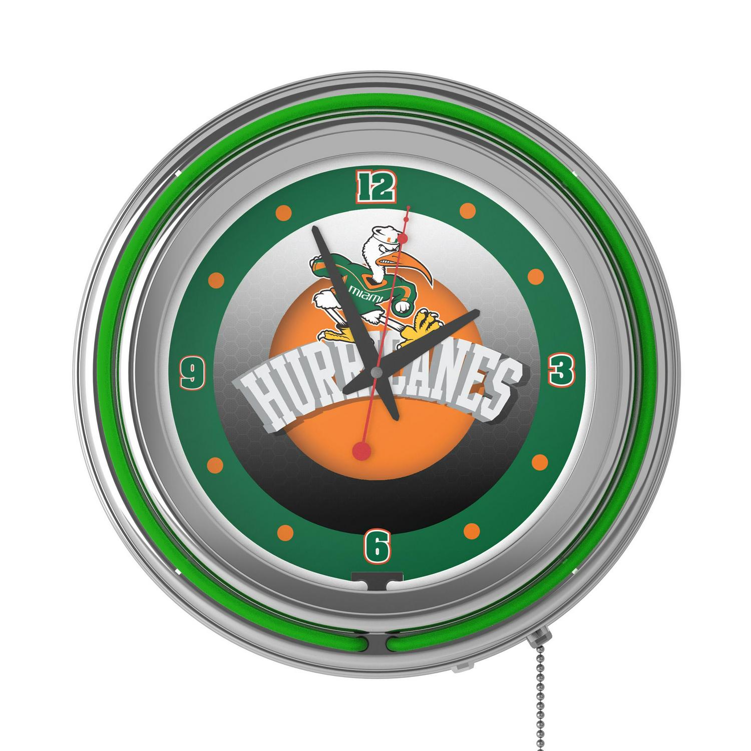 University of Miami Chrome Double Rung Neon Clock  Honeycomb