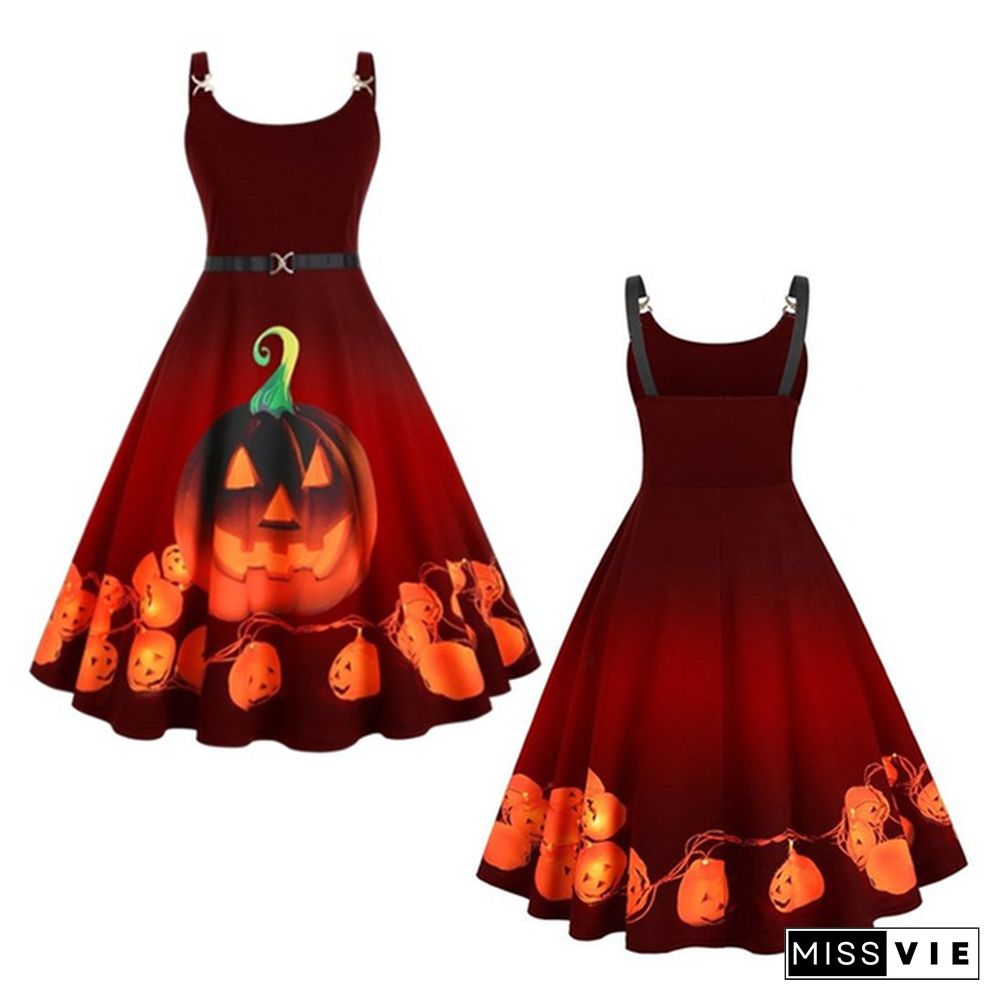 Plus Size Fashion Women Pumpkin Elk Santa Print Dress Autumn and Winter Halloween Christmas Costume Sleeveless Dresses Casual Swing Party Dress