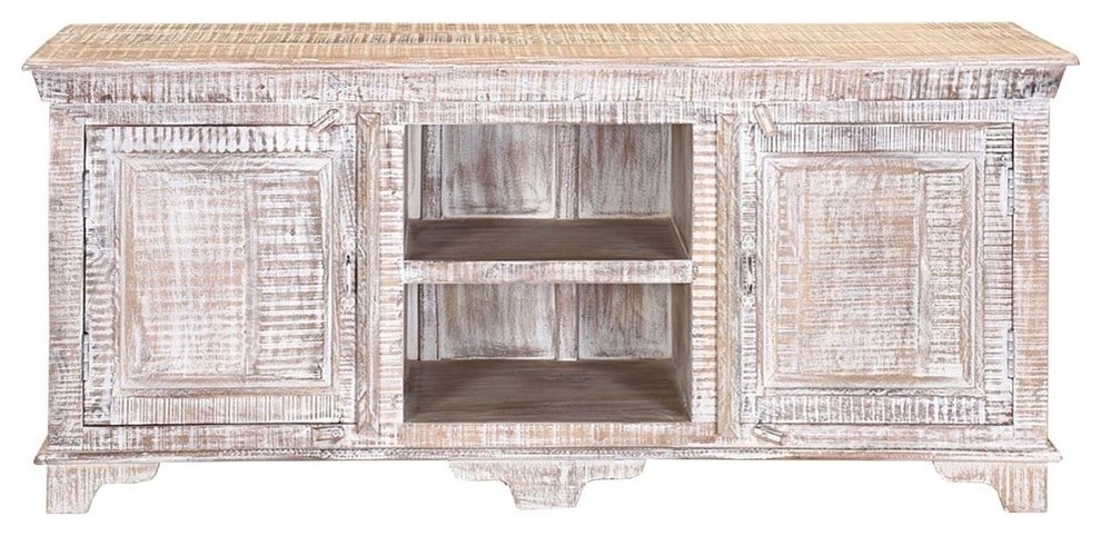 Winter White Farmhouse Mango Wood 59 quotAccent Media Console Cabinet   Farmhouse   Entertainment Centers And Tv Stands   by Sierra Living Concepts Inc  Houzz