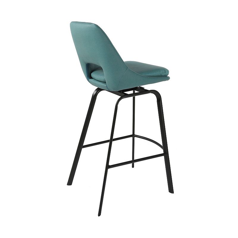 Ayn 30 Inch Modern Bar Stool， Vegan Faux Leather， Swivel， Metal， Blue