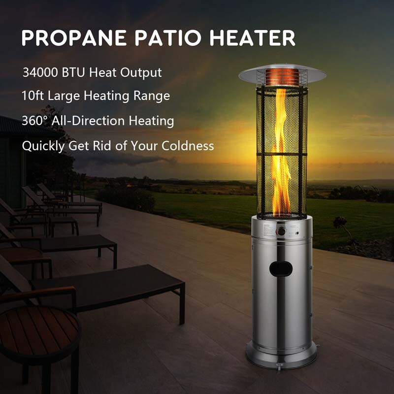 34,000BTU Standing Propane Patio Heater with Wheels, Stainless Steel Round Glass Tube Gas Outdoor Heater