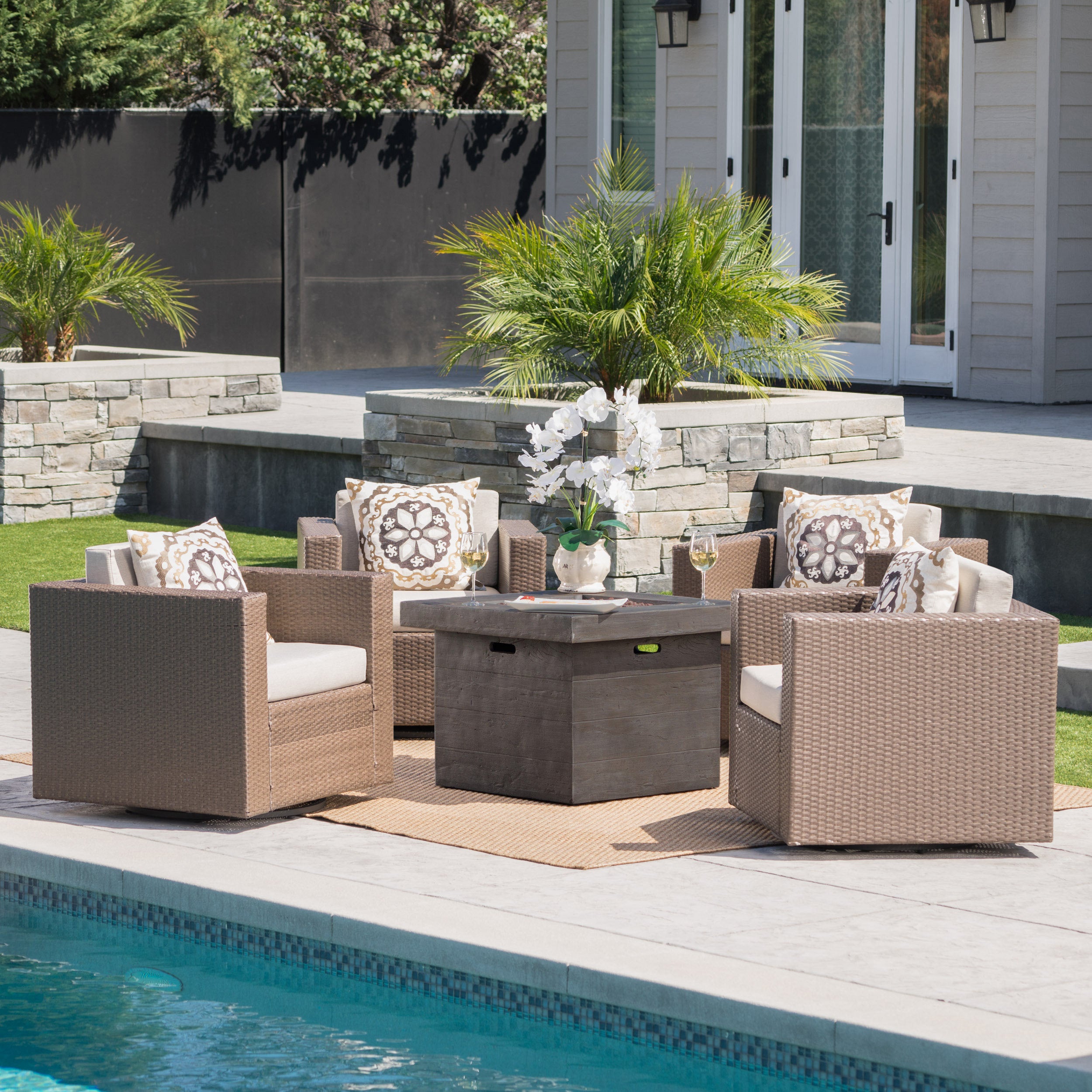 Venice Outdoor 5 Piece Chat Set with Brown Wicker Club Chairs and Fire Pit