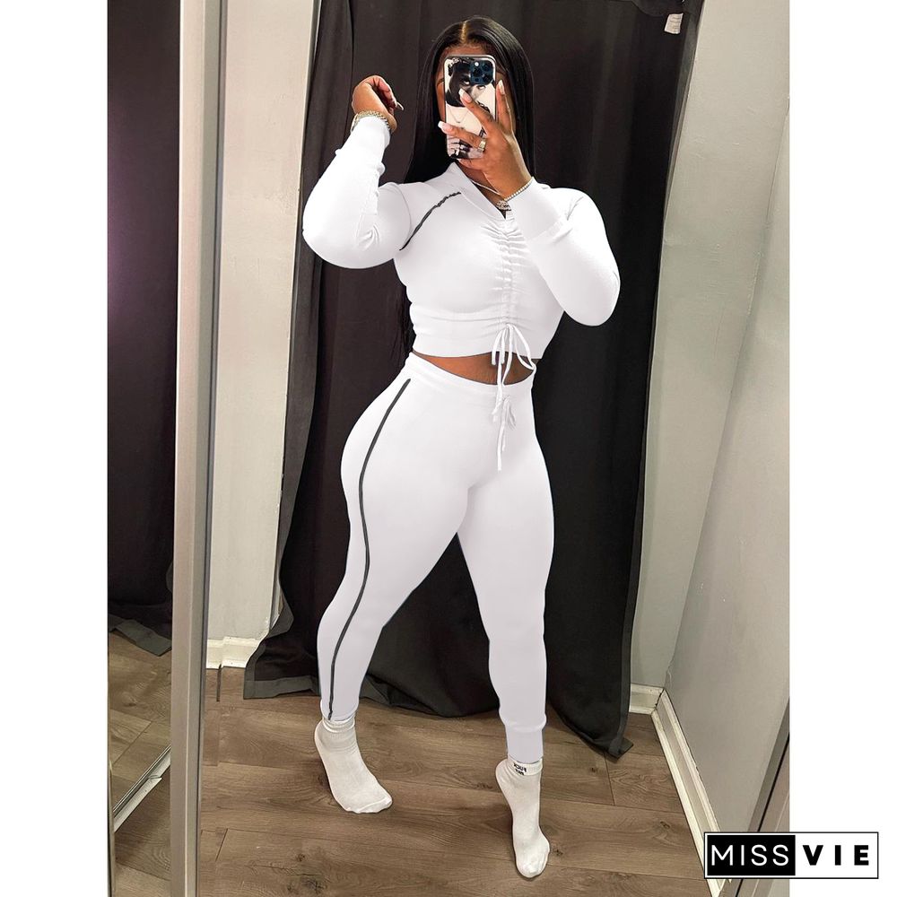 Hooded Neck Drawstring Crop Tops Joggers Pants Sets