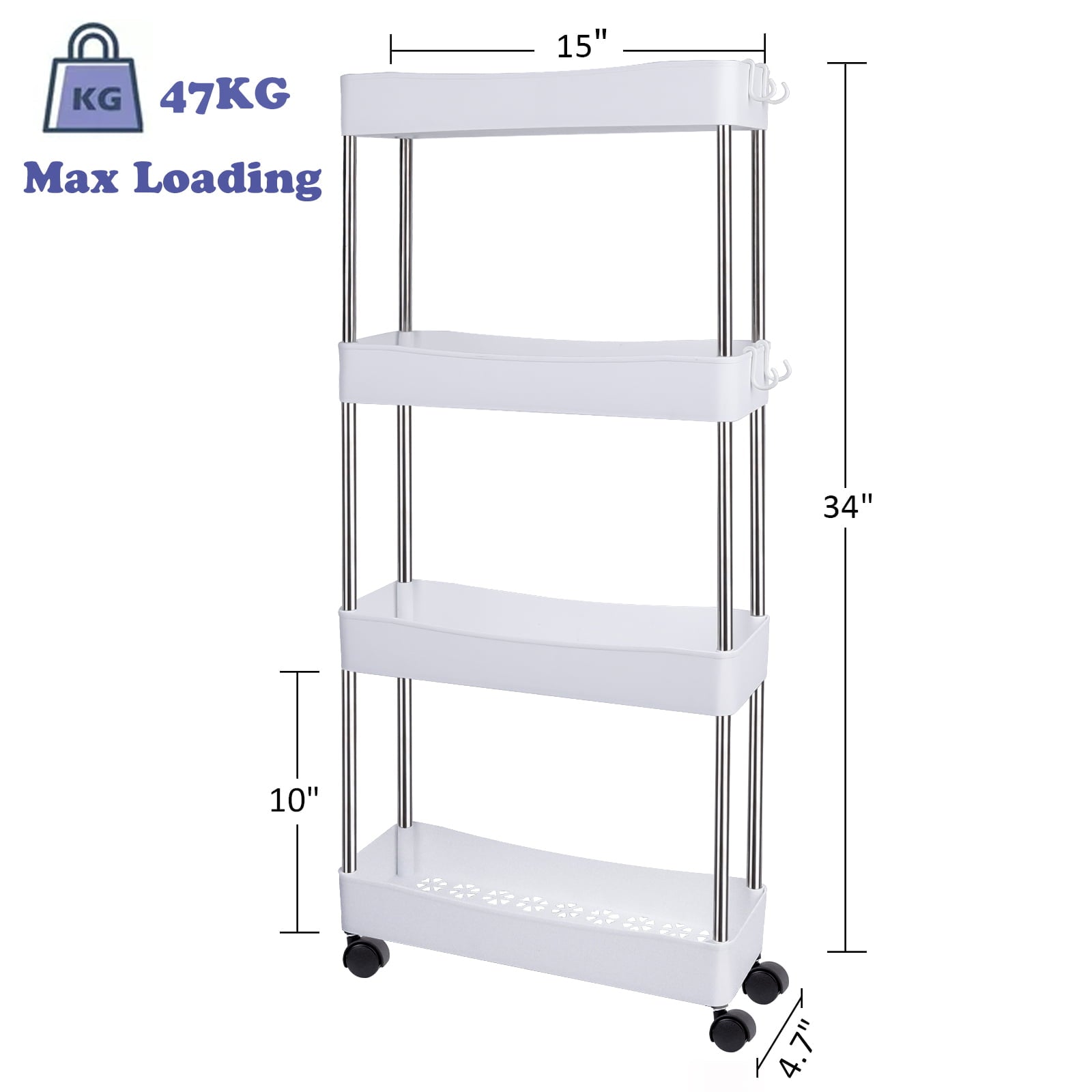 LAYADO 4-Tier Slim Rolling Cart， Bathroom Organizer Kitchen Storage Utility Cart with Wheels， Mobile Rolling Storage Cart for Bathroom Kitchen Laundry Narrow Storage Shelves， White