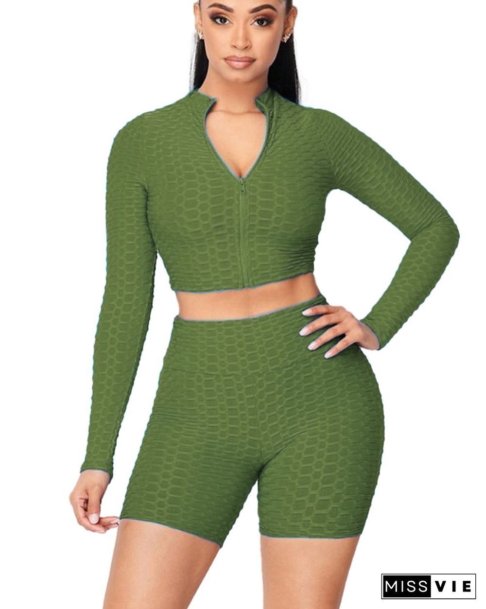 Women Solid Color Pineapple Grid Long Sleeve Zipper Crop Top Coat Slim Shorts Gym Sport 2 Piece Set