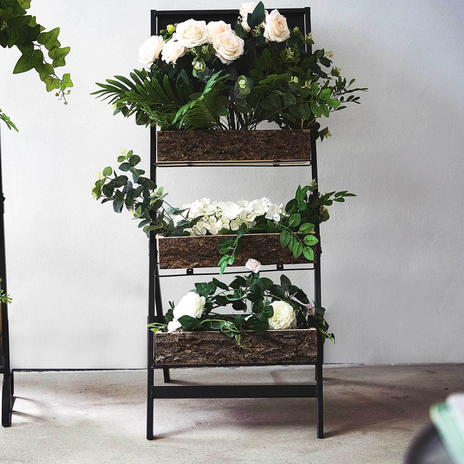 3-Tier Metal Ladder Plant Stand With Natural Wooden Log Planters 42