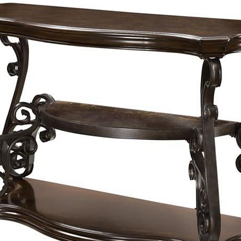 Traditional Solid Sofa Table With Glass Inset， Metal Scrolls and 2 Shelves， Brown