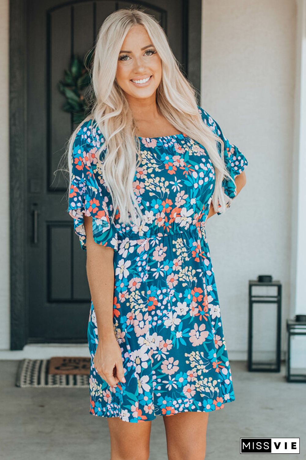 Blue Square Neck Ruffle Floral Dress