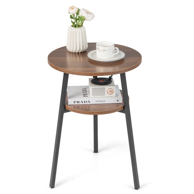 2-Tier Round End Table with Open Shelf and Triangular Metal Frame - 17