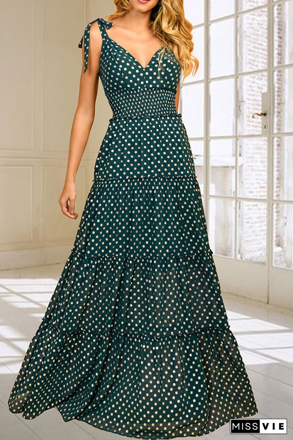 Polka Dot V Neck Sleeveless Long Dress Wholesale