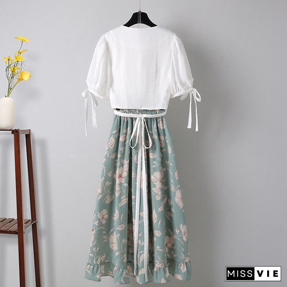 Vintage Embroidery Buckle Lace Up T-Shirt Floral Print Skirt