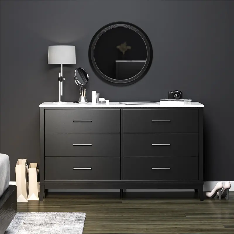 Lynnhaven Black 6 Drawer Dresser with White Marble Top