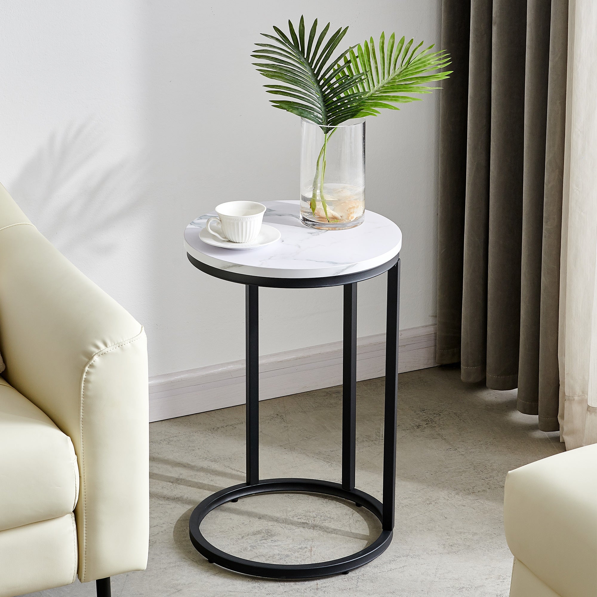 Modern C-shaped End/side Table Black Metal Frame with Round Marble Color Top-15.75