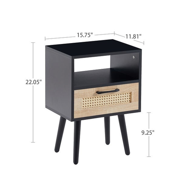 Modern Rattan Side table/Nightstand with 1 Shelf，1 drawer and 4 Solid Wood Legs