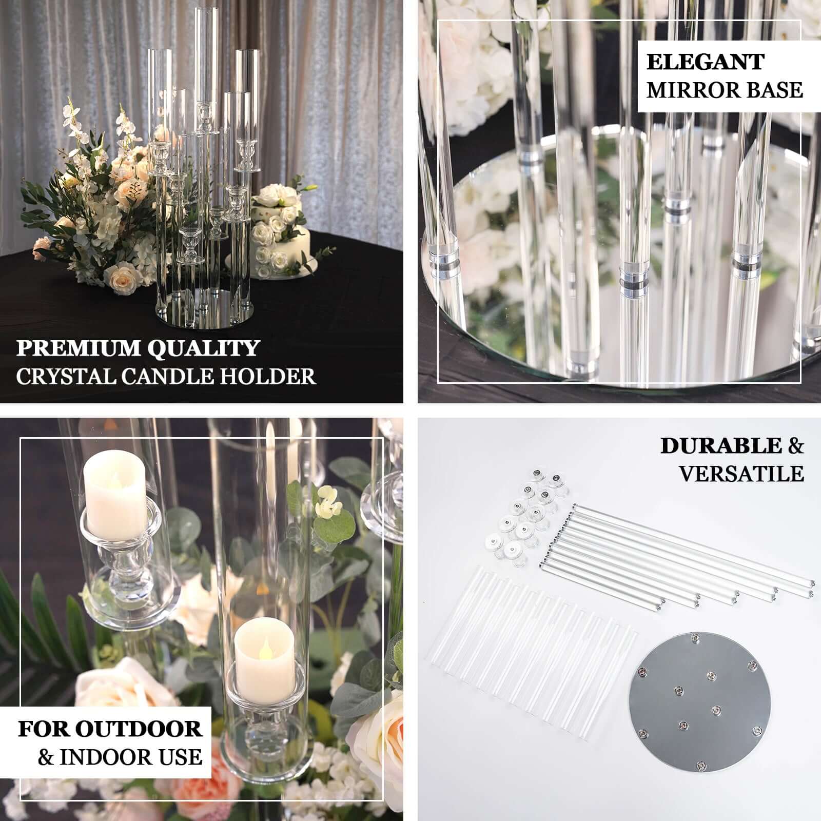 Clear 10 Arm Crystal Cluster Round Taper Candelabra, Candle Holder For Votive Pillar Candles With Mirror Base 47