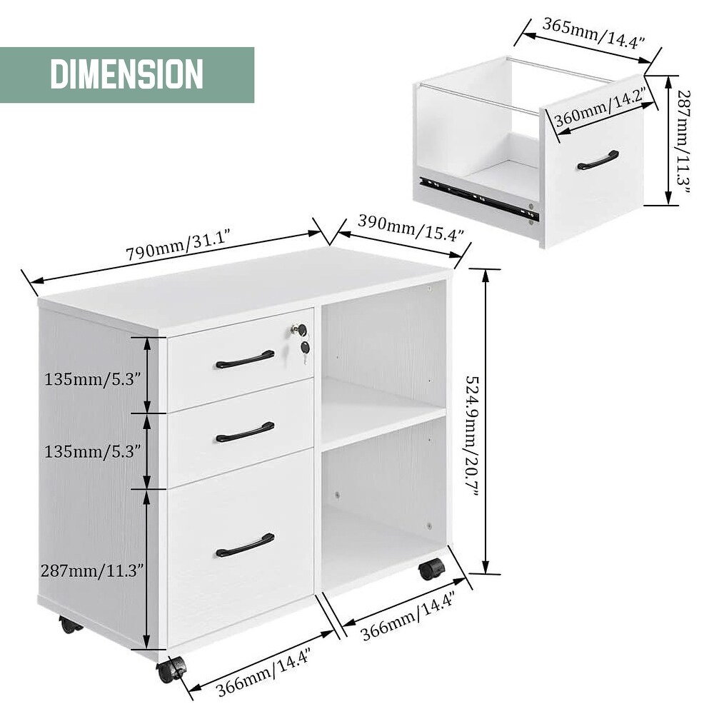 Yulika 3 Drawer White Wood Rolling File Cabinet