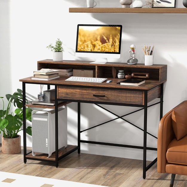 Costway 48 computer Desk With Monitor Stand Home Office Writing Desk With Storage Drawer And 2 Open Shelves Rustic Brown