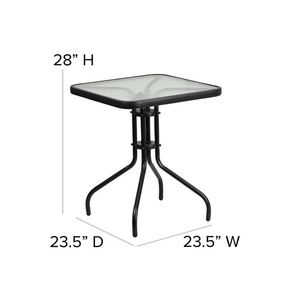 23.5'' Square Glass Metal Table with 2 Black Metal Aluminum Slat Stack Chairs -  - 37158030