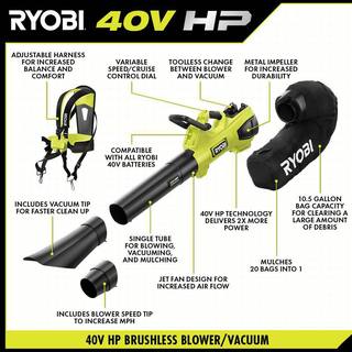 RYOBI 40-Volt HP Brushless 100 MPH 600 CFM Cordless Leaf BlowerMulcherVacuum with Lawn and Leaf Bag (Tool Only) RY404015-LB