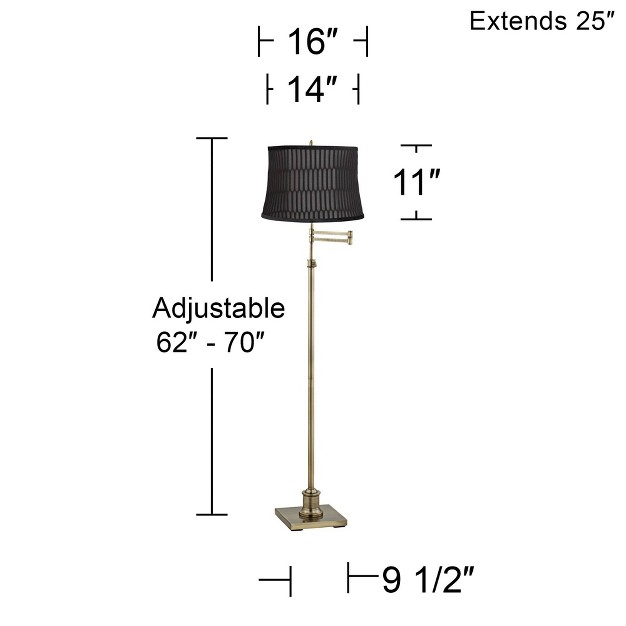 Tall Floor Lamp Brass Metal Adjustable Swing Arm Black Geometric Velvet Fabric Drum Shade For Living Room