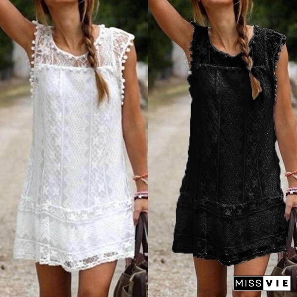 Summer dresses for women Summer Dress Fashion Sexy Women Casual Sleeveless Beach Short Tassel Solid White Mini Lace Vestidos Plus Size(S-5XL)