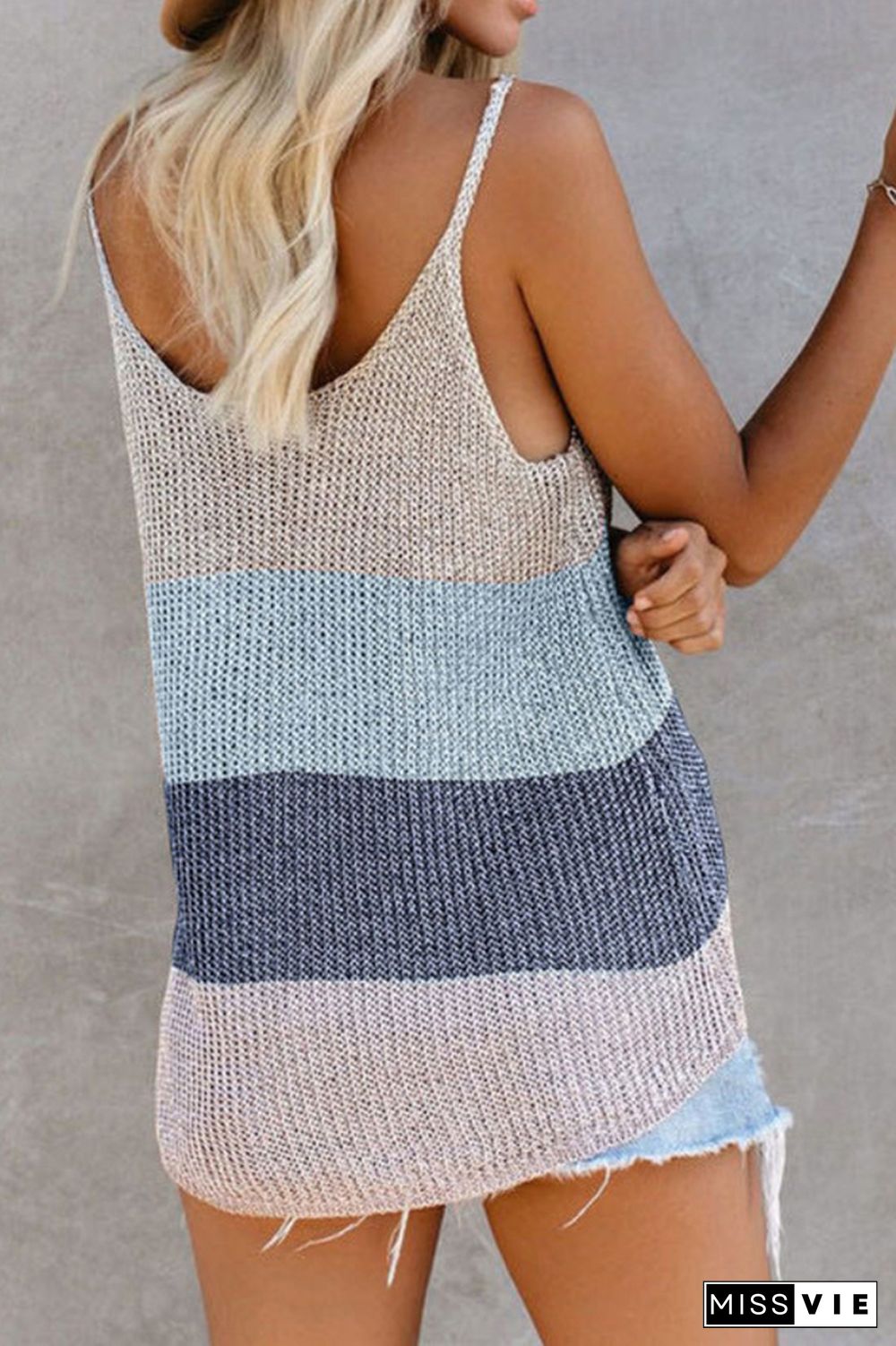 Color Block and Plain U Neck Knit Tank Top