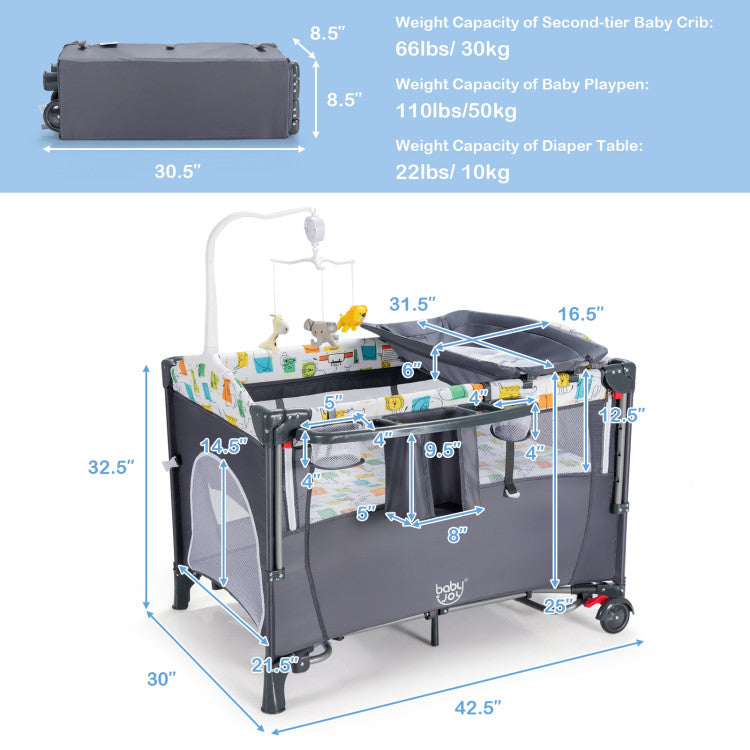 Bedside Sleeper for Baby, Diaper Changer, Mattress, Carry Bag, Music Box & Hanging Toys, Foldable Bedside Crib, Portable Playard for Newborn Toddlers