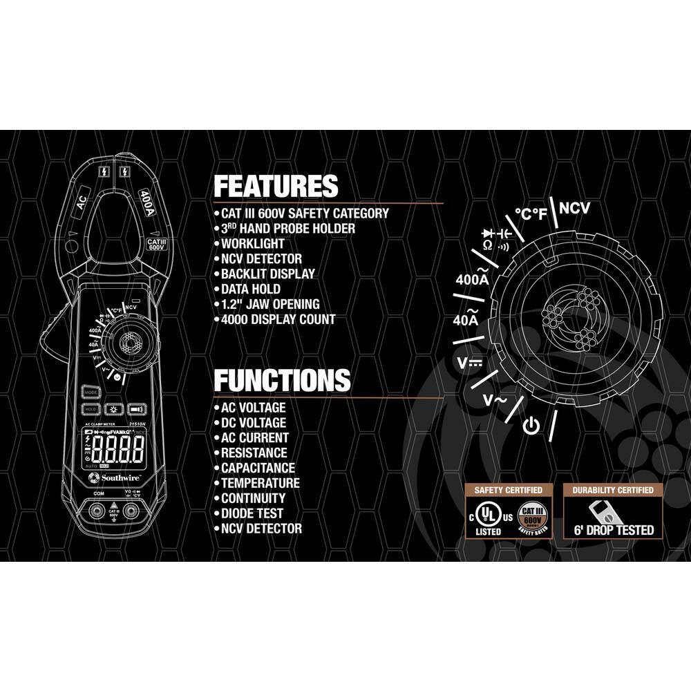 Southwire 400 Amp AC Clamp Meter with Built-In NCV Worklight and Third-Hand Test Probe Holder 65031540