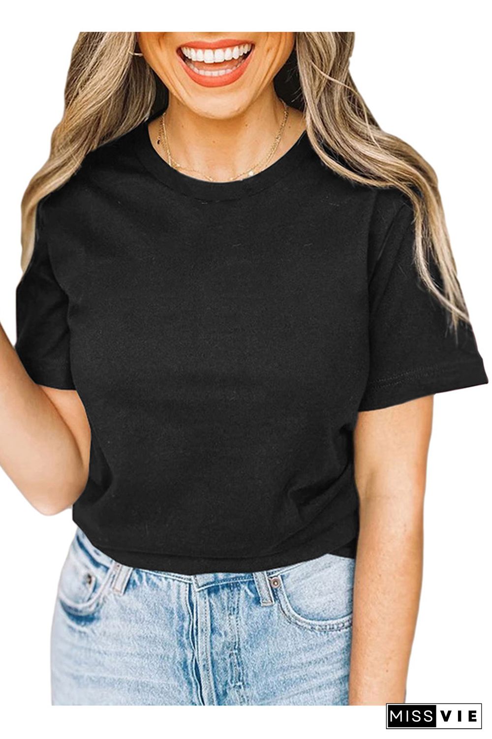 Black Solid Color Crew Neck Short Sleeve Tee