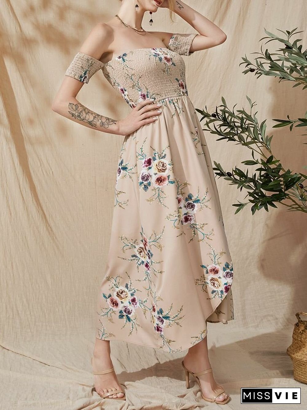 Flower Print Short Sleeve Asymmetrical Hem Maxi Dress