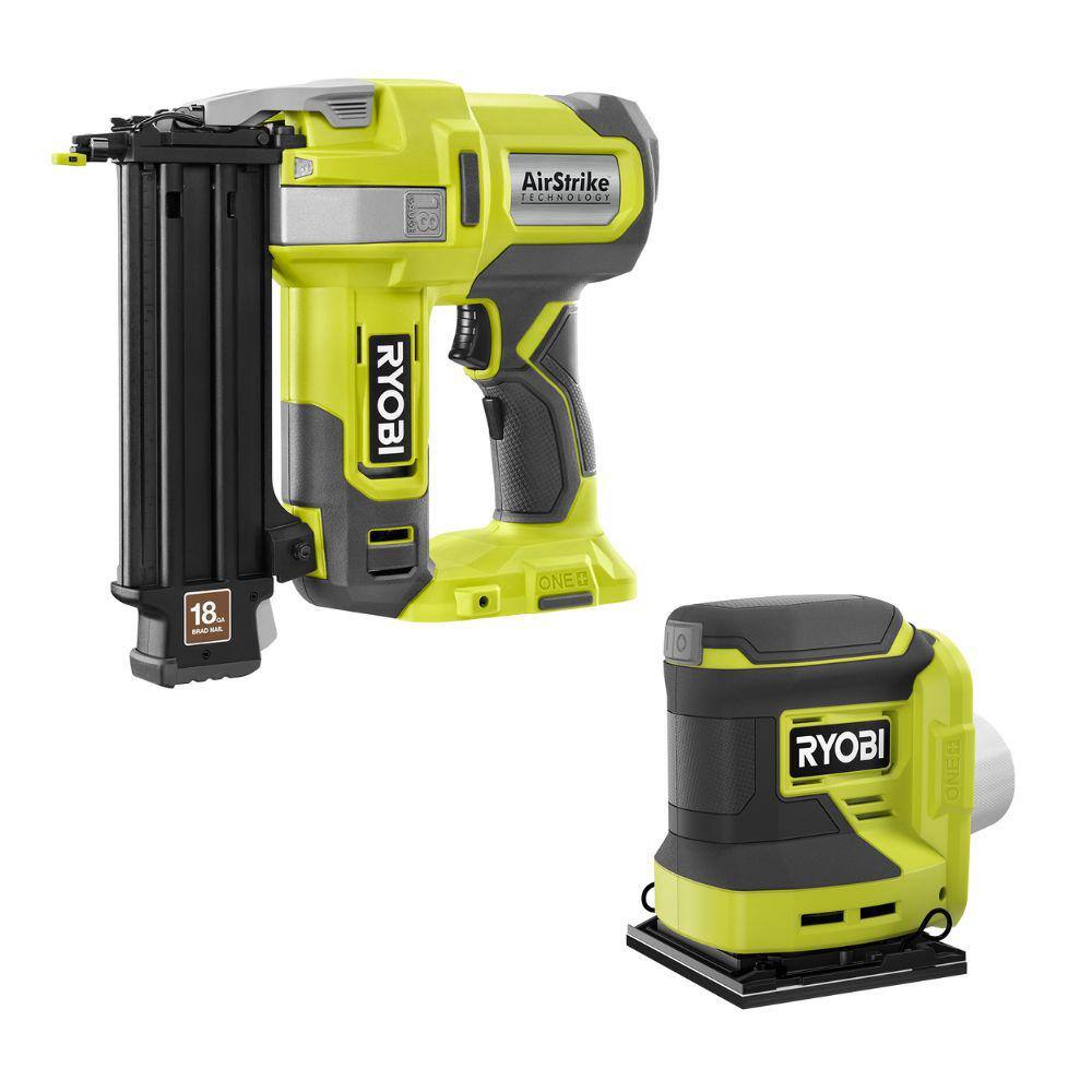 RYOBI ONE+ 18V 18-Gauge Cordless AirStrike Brad Nailer with Cordless 14 Sheet Sander (Tools Only) P321-PCL401B