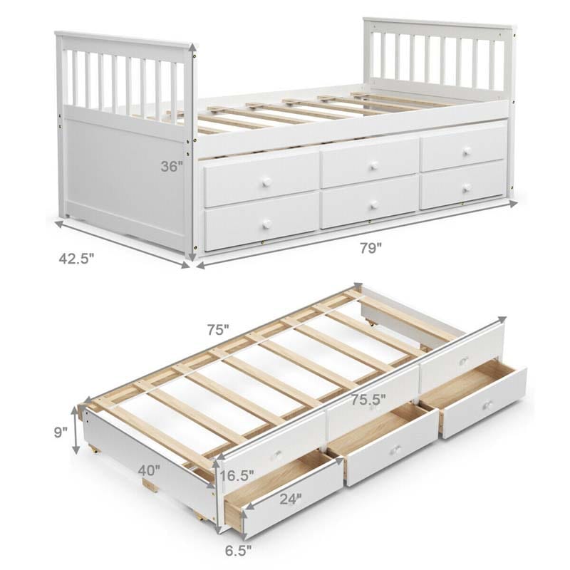 Twin Captain's Bed with Trundle Bed, Storage Daybed with 3 Drawers, Wooden Platform Bed for Kids Guests Sleepovers