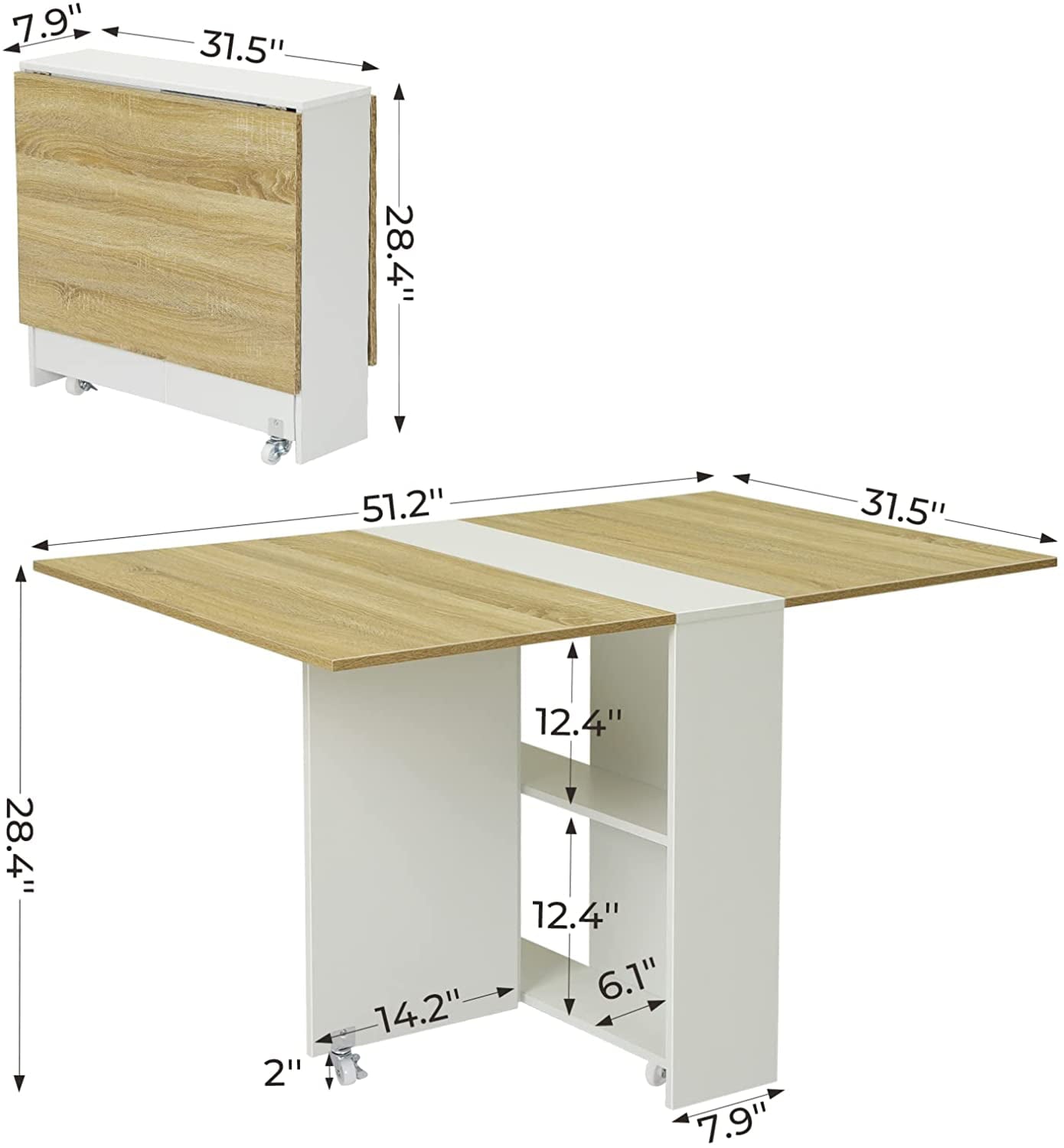 Folding Dining Table Multifunction Rolling Drop Leaf Desk, Kitchen Bedroom Living Room Small Space, Square White Wooden