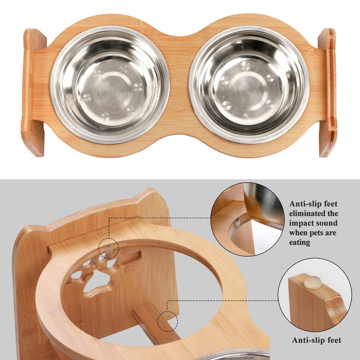 X-ZONE PET Raised, Elevated and Adjustable Pet Bowls for Cats and Dogs with Bamboo Stand Feeder, 2 Stainless Steel Bowls and Anti Slip Feet