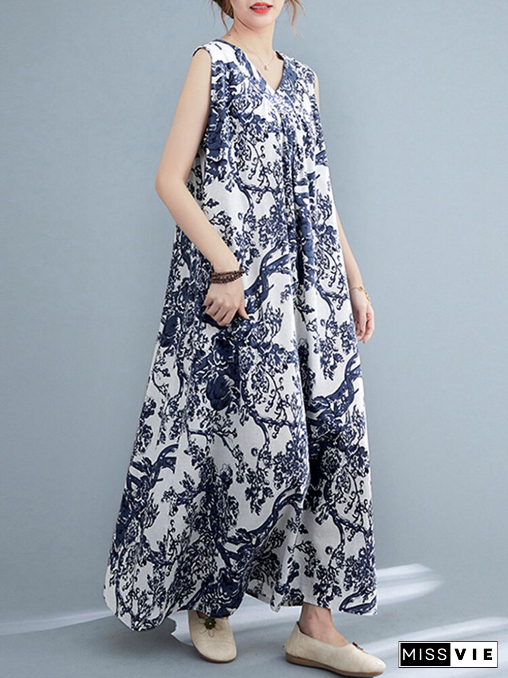 Plant Print Ruched Sleeveless Casual Maxi Cotton Dress