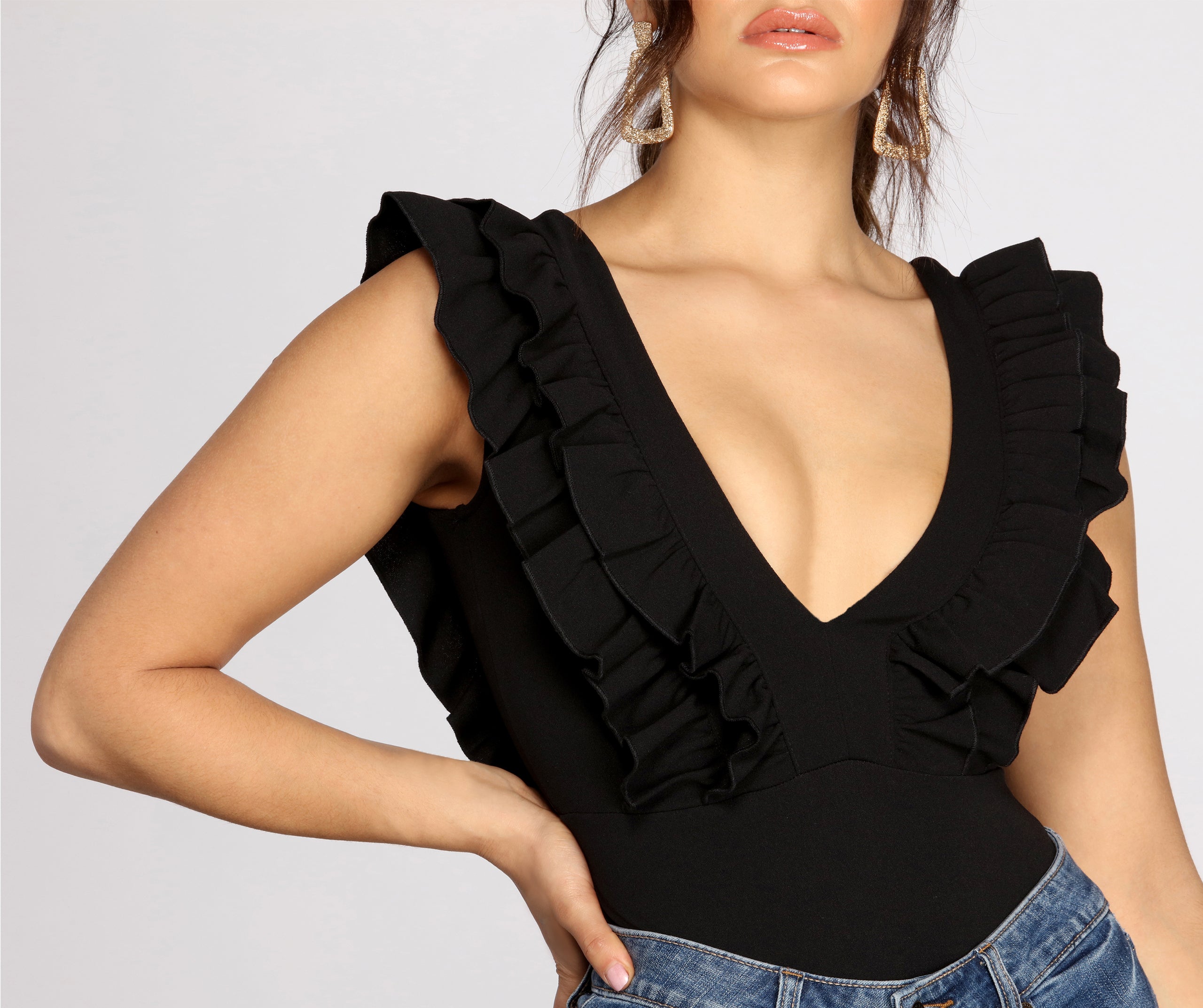 Ruffle It Up Deep V Neck Bodysuit