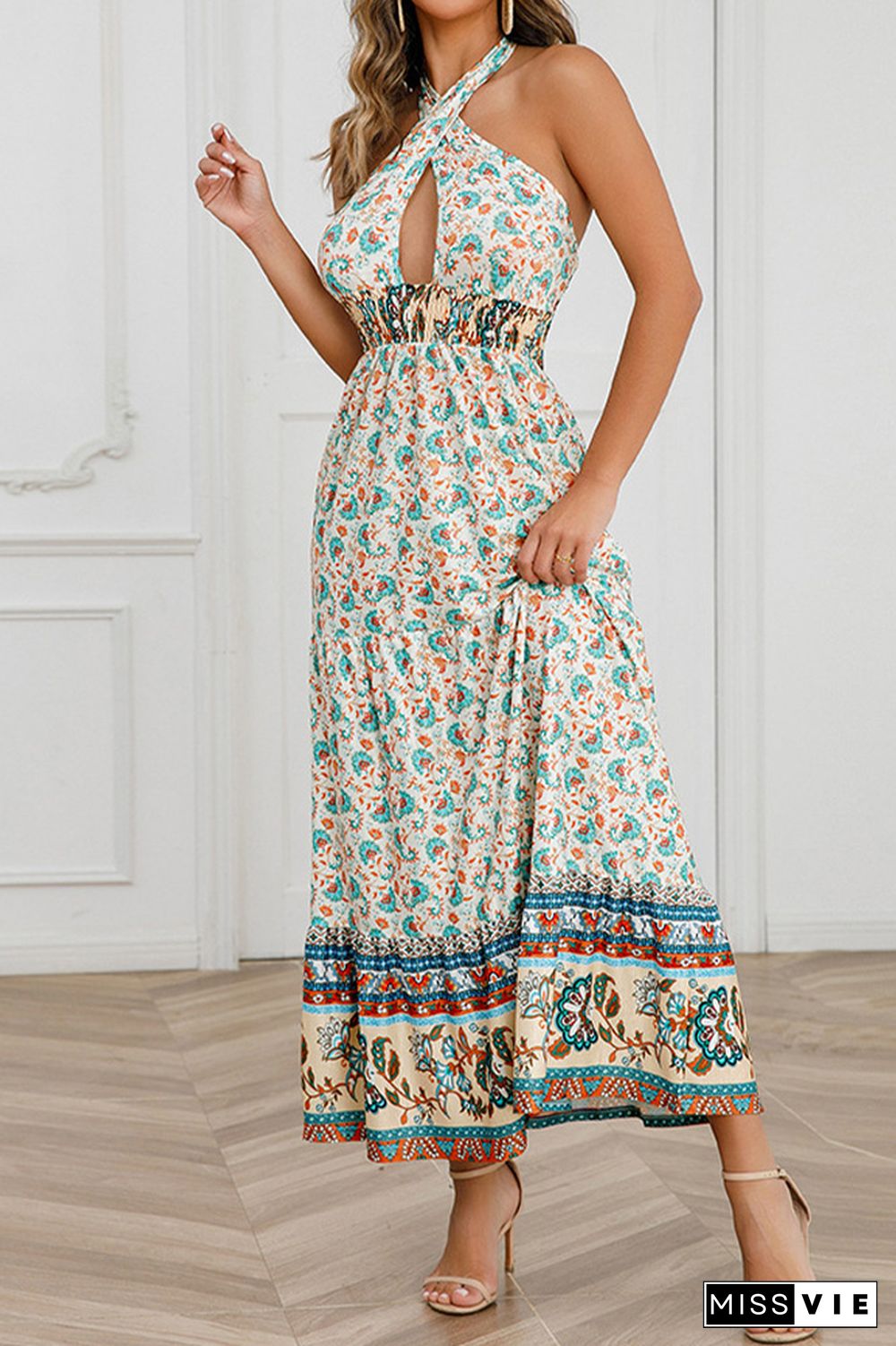 Twisted Halter Hollow Out Smocked Waist Boho Floral Maxi Dress