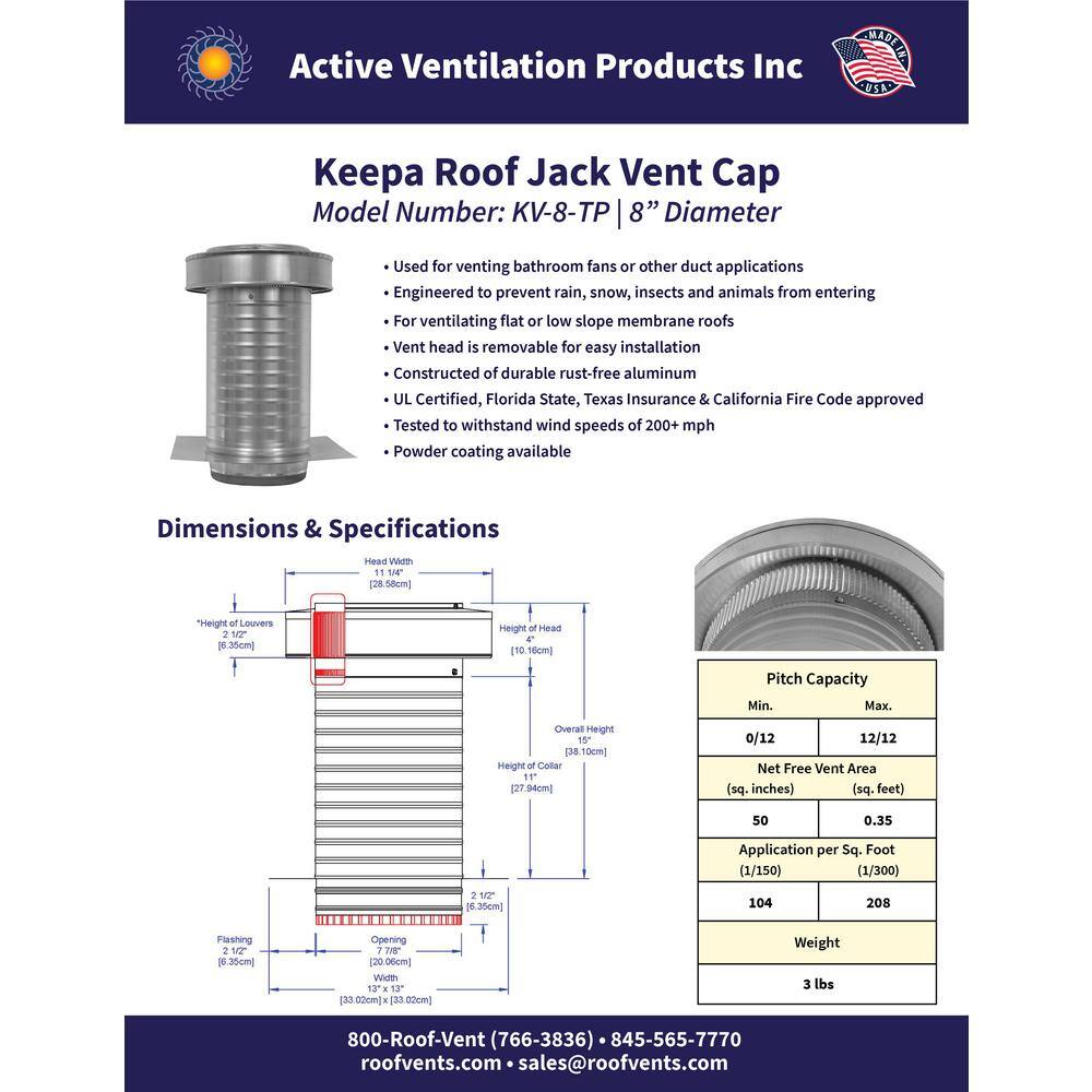 Active Ventilation 8 in. Dia. Aluminum Keepa Roof Jack with 2 in. Tail Pipe in Mill Finish KV-8-TP