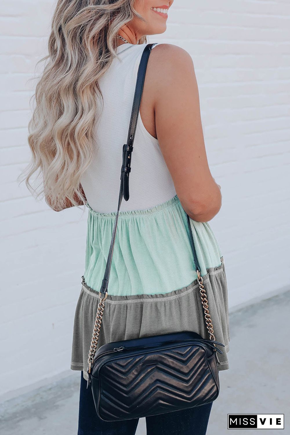 Green Ruffled V Neck Color Block Tank Top