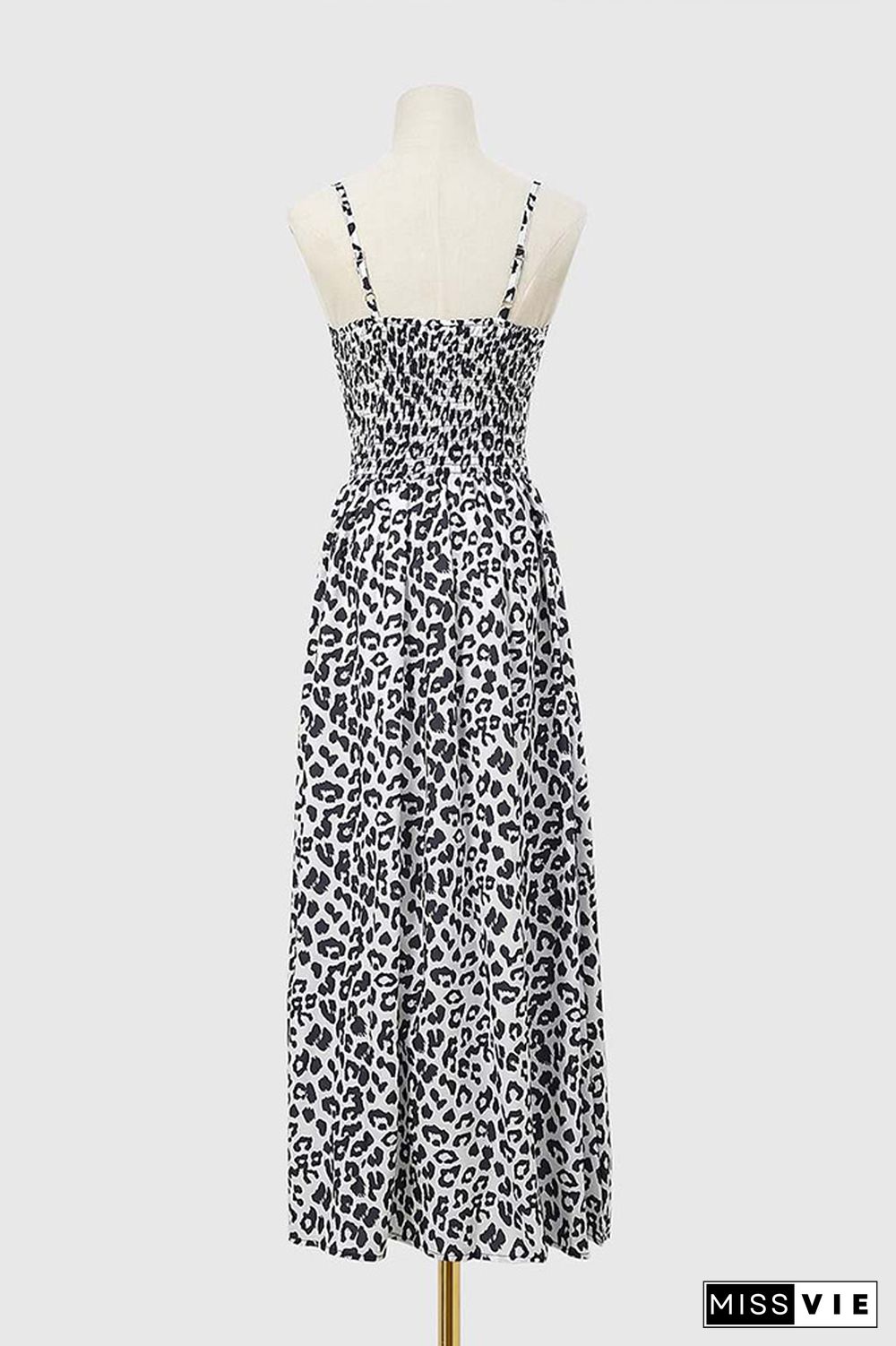 V Neck Leopard Smocked Waist Cami Maxi Dress