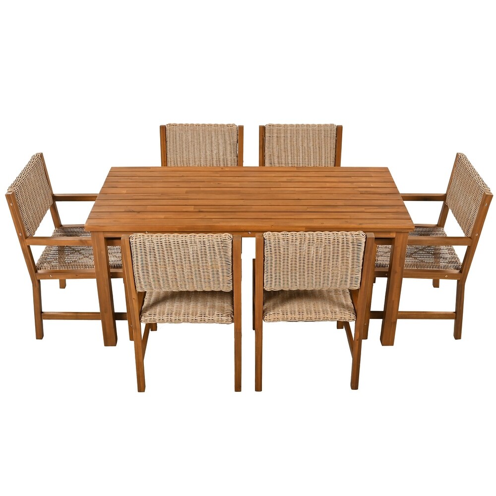 6 Person Acacia Wood and Rattan Outdoor Dining Table and Chairs Set