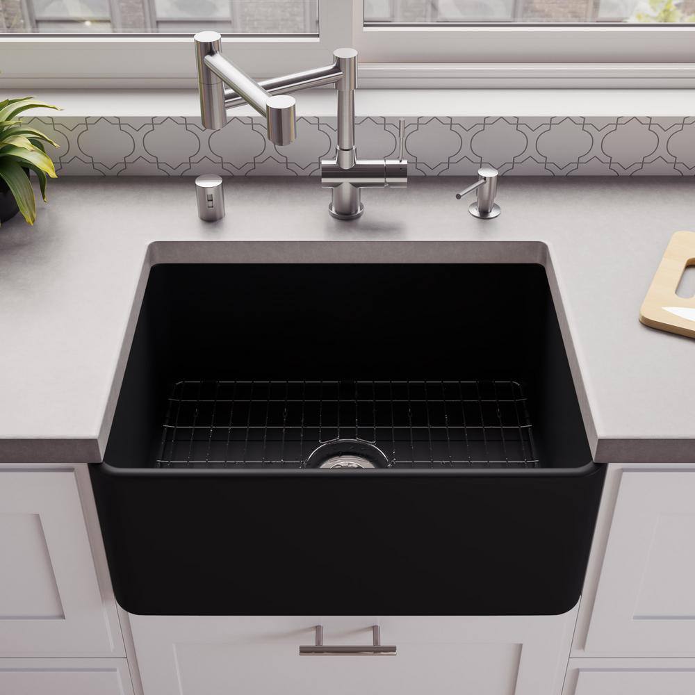 ALFI BRAND Black Matte Fireclay 24 in. Single Bowl Farmhouse Apron Kitchen Sink ABF2418-BM