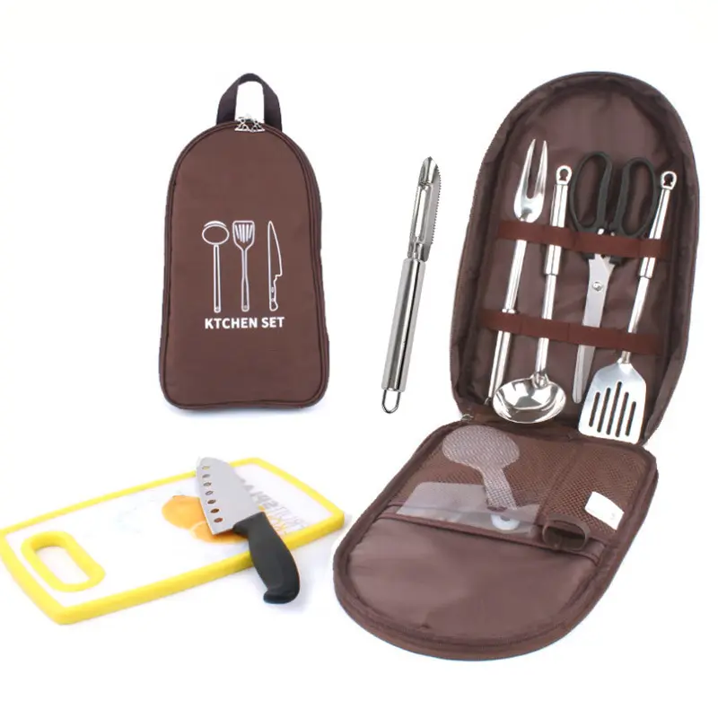 Camping Kitchen Utensil Set with Carrying Bag BBQ Beach Hiking Travel Organizer Storage Pack Cook Gadgets Equipment Gear