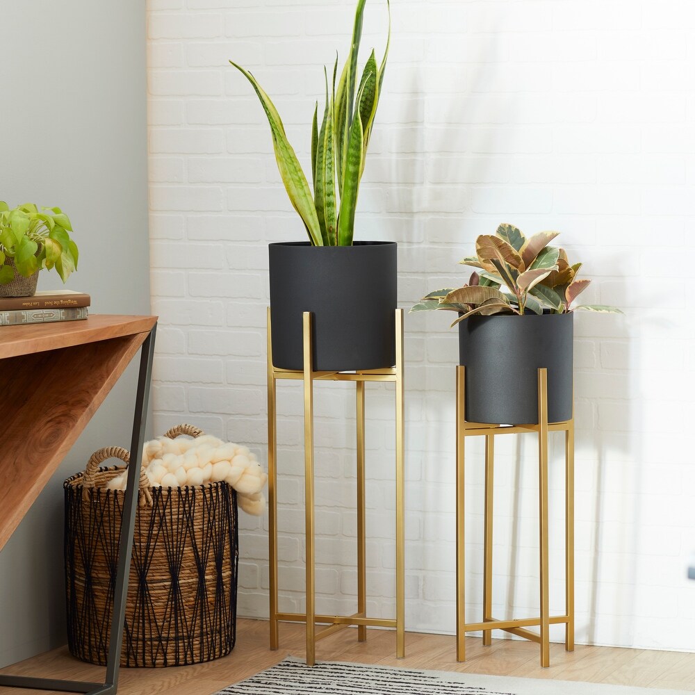 Black Metal Indoor Outdoor Planter with Removable Gold Stand (Set of 2)   12 x 12 x 36Round