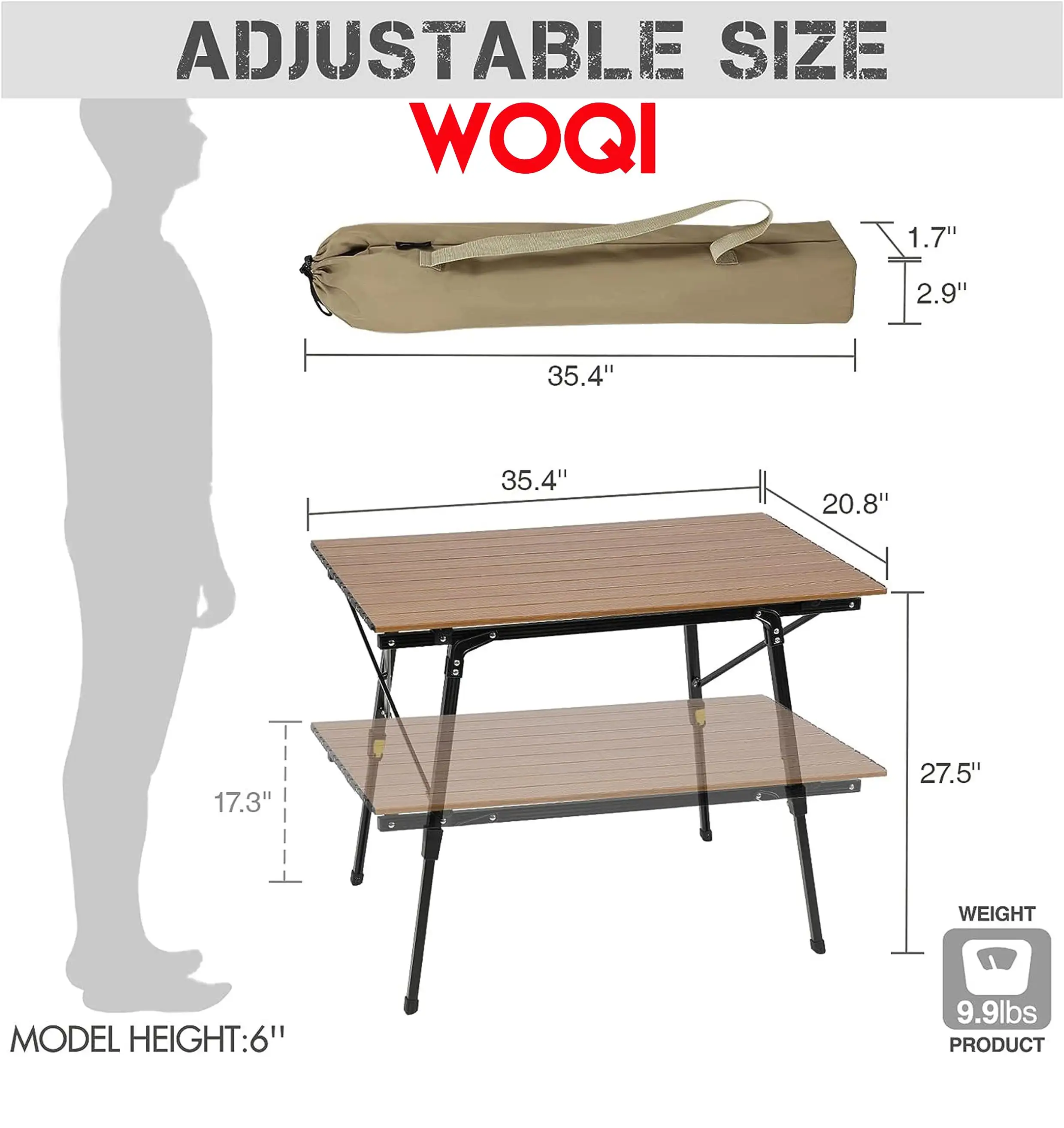 WOQI Adjustable Portable Ultralight Folding Camping Table with Portable Bag for Outdoor Travel