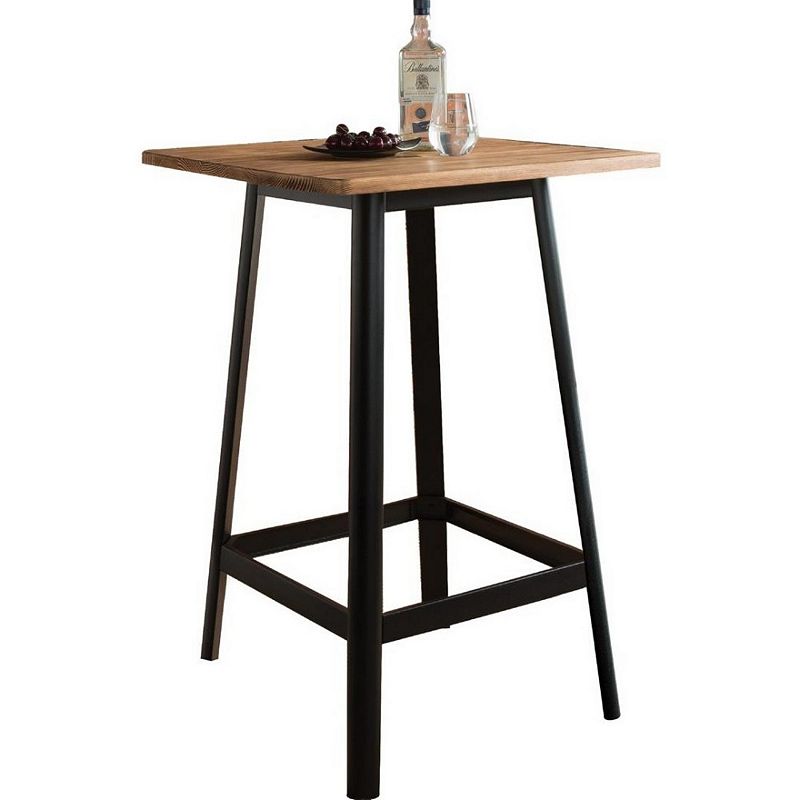 Transitional Square Shaped Wooden Bar Table With Metal Base， Black and Brown