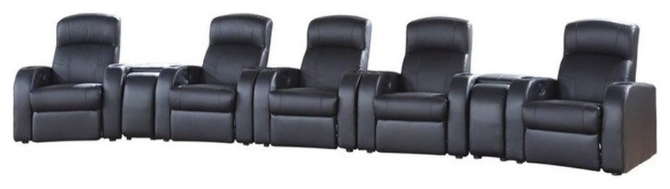 Coaster Cyrus 7 piece Leather Upholstered Recliner Set with Two Consoles Black   Theater Seating   by Homesquare  Houzz