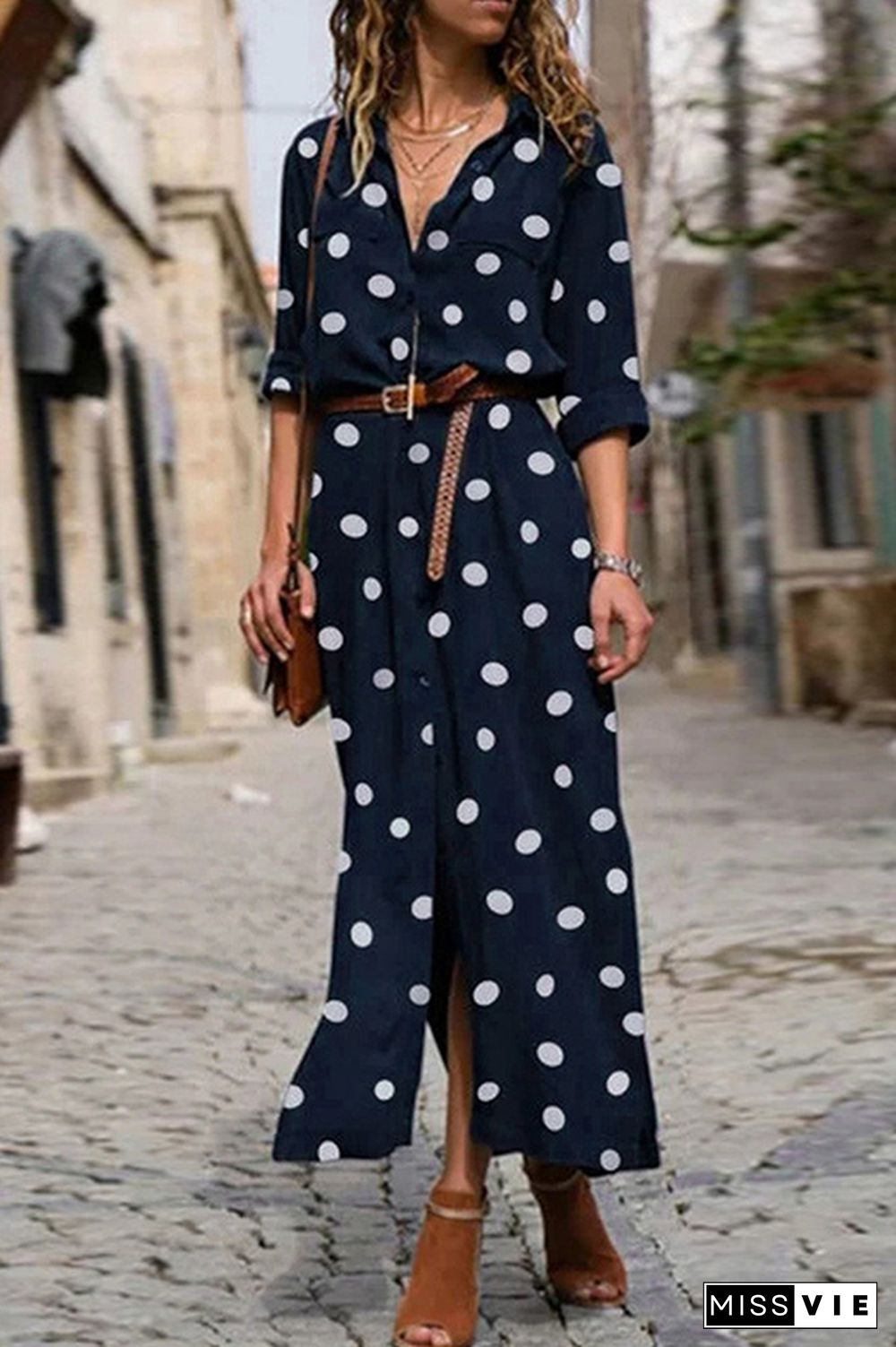 Casual Polka Dot Buckle Slit Turndown Collar Shirt Dress Dresses  (Without Belt)